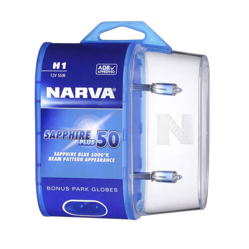 Narva 48520BL2 H1 12V 55W Sapphire Plus 50 Halogen Headlight Globes, Twin Pack