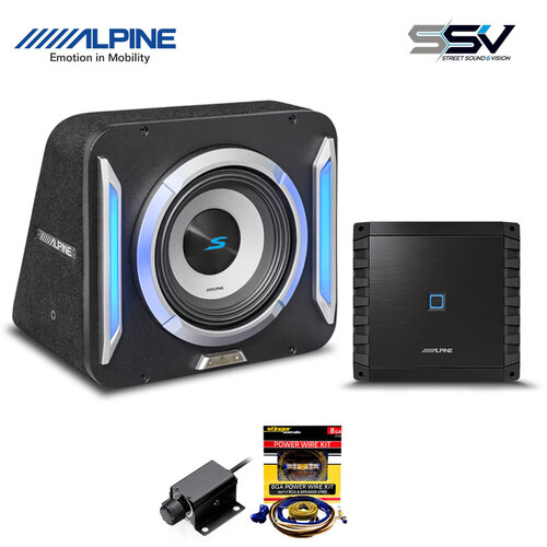 Alpine 10" Subwoofer and Mono Amplifier Package with Wiring Kit and Base Controller