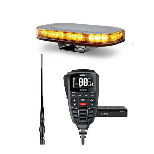 UNIDEN XTRAK 80 UHF Radio with Large OLED Display with Heavy Duty Antenna & 12/24V Amber Emergency Mini Light Bar